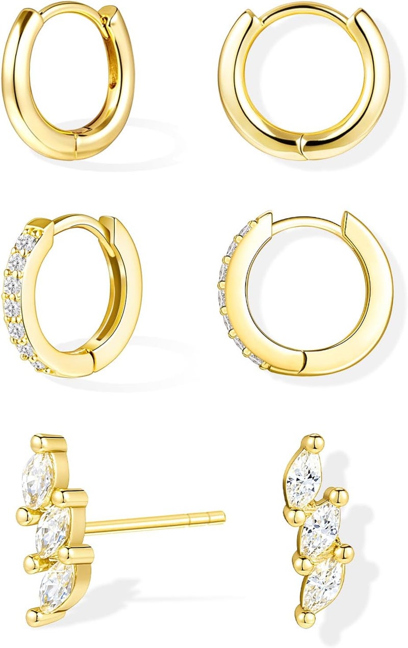 Inerney 14K Gold Plated Huggie Hoop Earrings for Women, Small Sterling Silver Earring Set Hypoallergenic Cartilage Helix Stacks, Mini Dainty Cute Trendy Birthstone Jewelry Gift for Multiple Piercings - Image 1